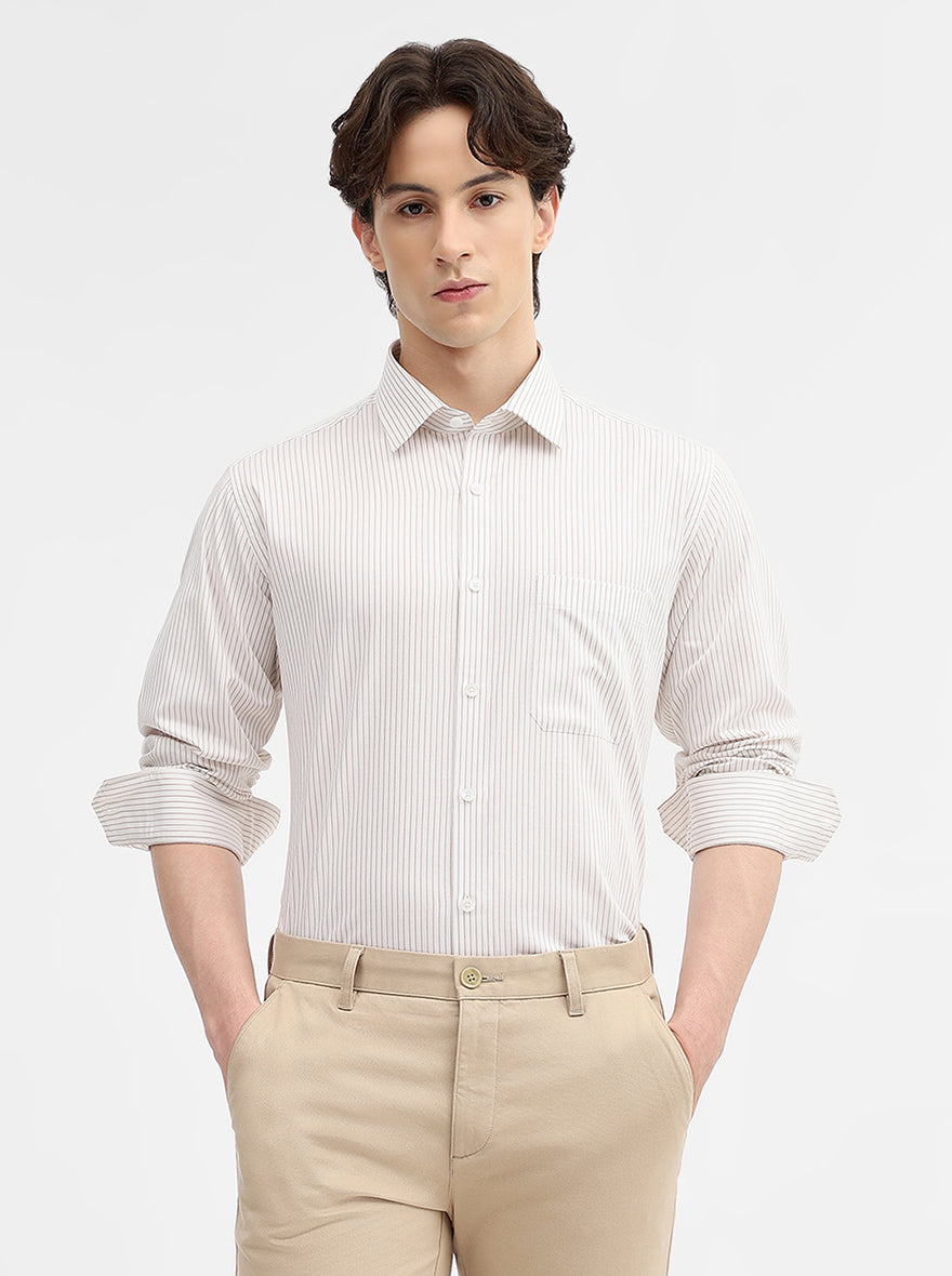 White & Fawn Striped Regular Fit Formal Shirt | JadeBlue