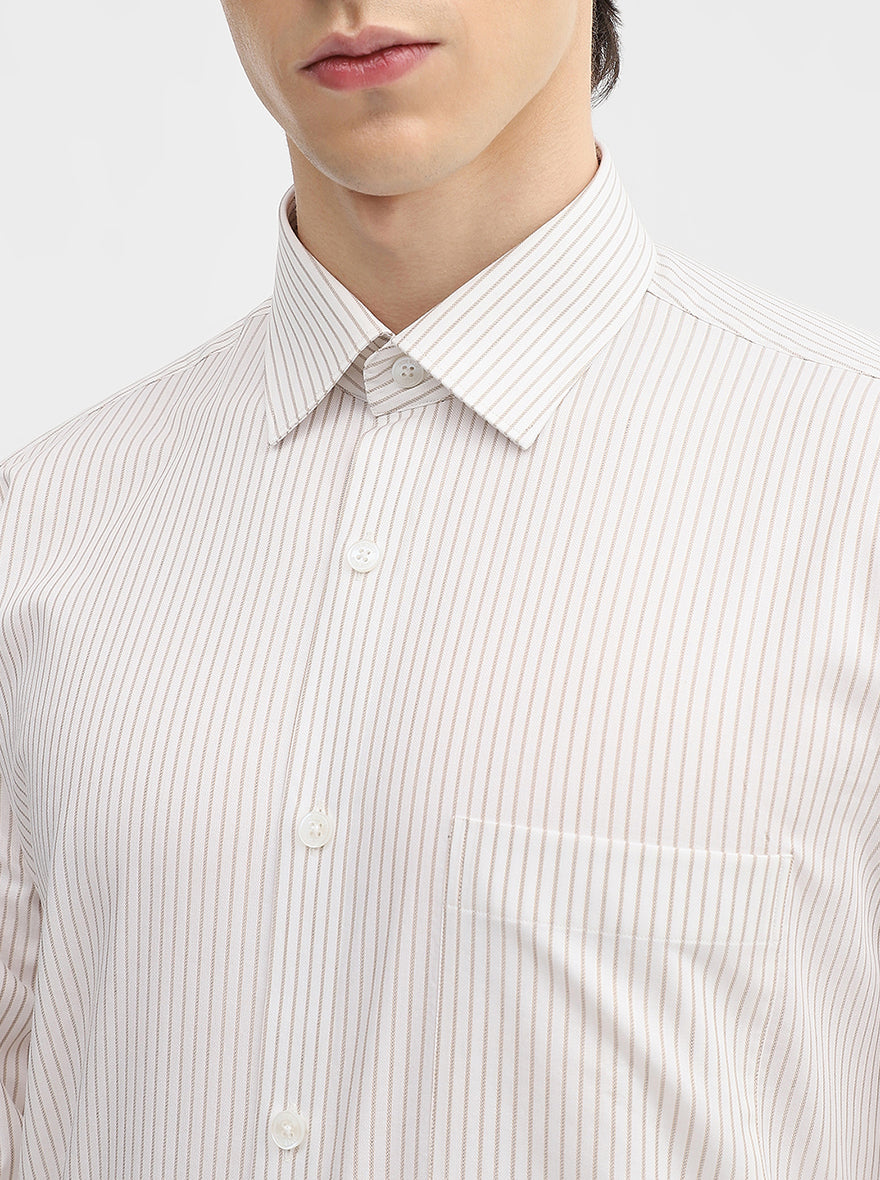 White & Fawn Striped Regular Fit Formal Shirt | JadeBlue
