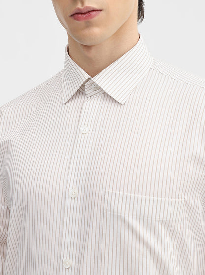White & Fawn Striped Regular Fit Formal Shirt | JadeBlue
