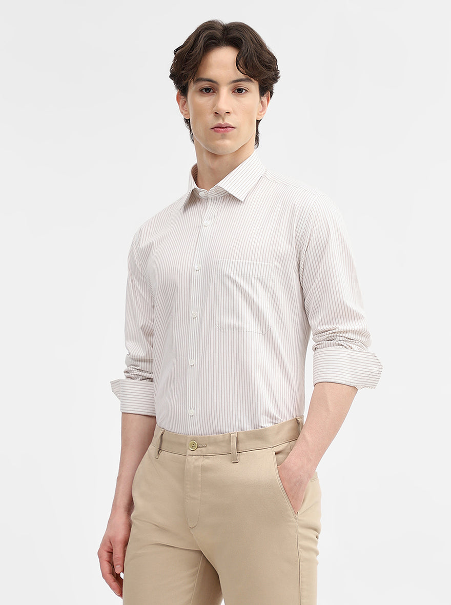 White & Fawn Striped Regular Fit Formal Shirt | JadeBlue