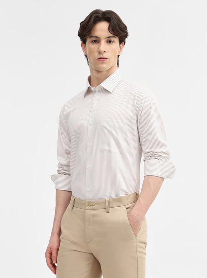 White & Fawn Striped Regular Fit Formal Shirt | JadeBlue