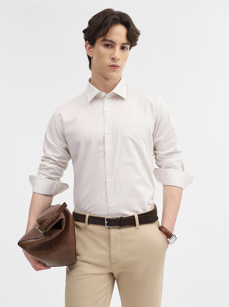 White & Fawn Striped Regular Fit Formal Shirt | JadeBlue