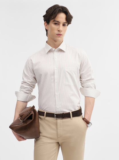 White & Fawn Striped Regular Fit Formal Shirt | JadeBlue