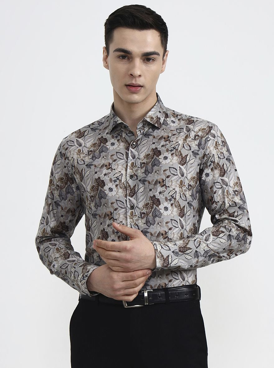 Brown Printed Slim Fit Party Wear Shirt | Wyre