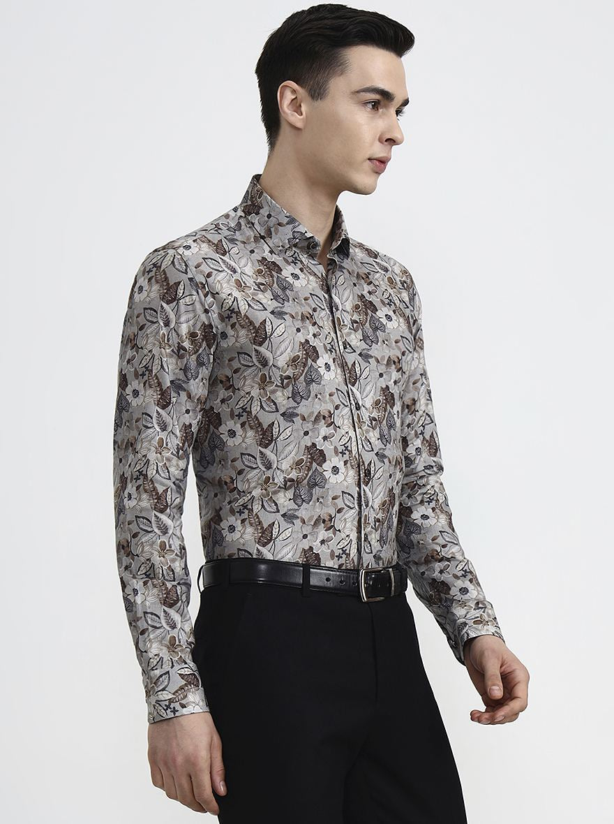 Brown Printed Slim Fit Party Wear Shirt | Wyre