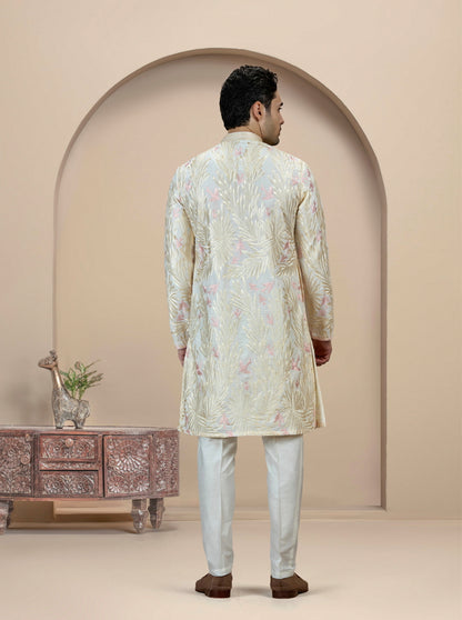 Cream & Pink Printed Kurta Pajama | Virasana