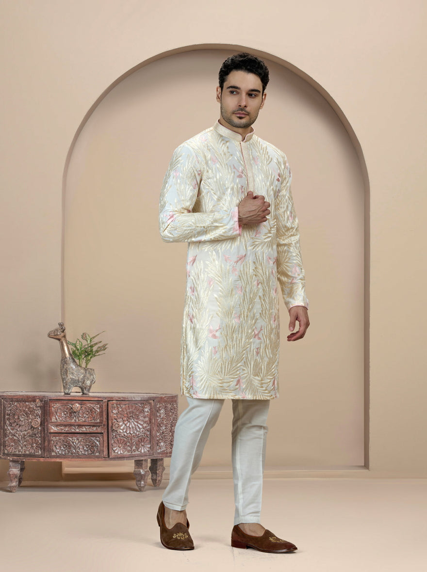 Cream & Pink Printed Kurta Pajama | Virasana