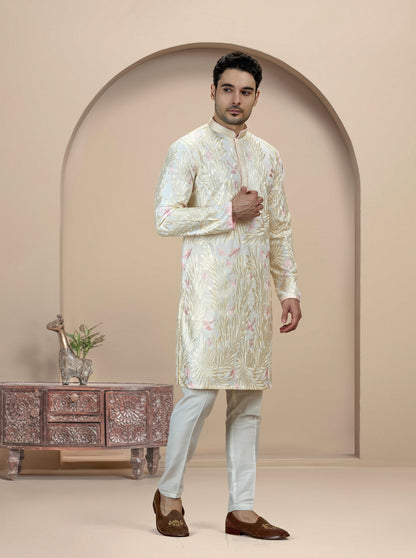 Cream & Pink Printed Kurta Pajama | Virasana