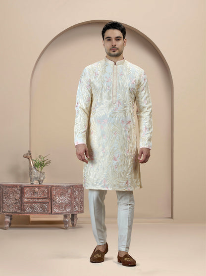 Cream & Pink Printed Kurta Pajama | Virasana