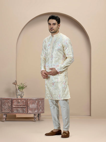 Cream & Pink Printed Kurta Pajama | Virasana