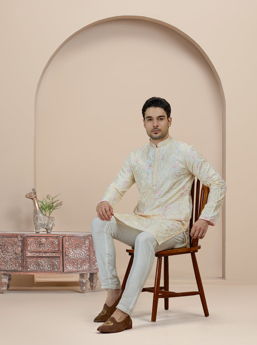 Cream & Pink Printed Kurta Pajama | Virasana
