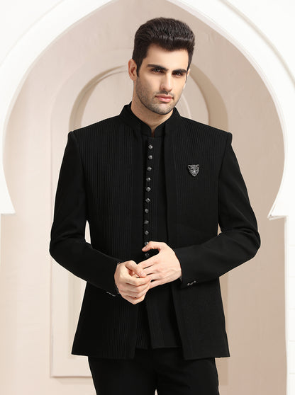 Black Striped Jodhpuri Suit | JadeBlue