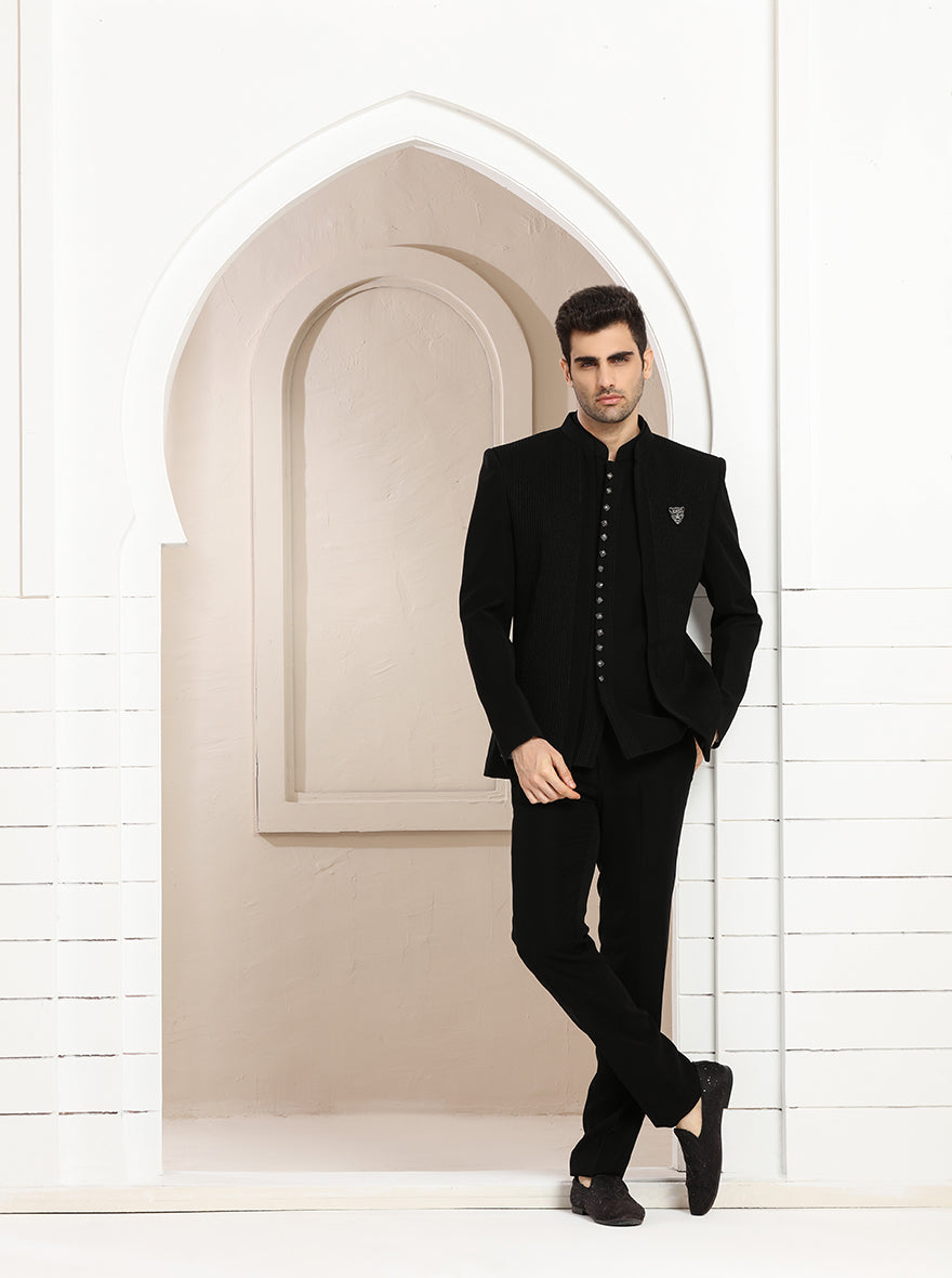 Black Striped Jodhpuri Suit | JadeBlue