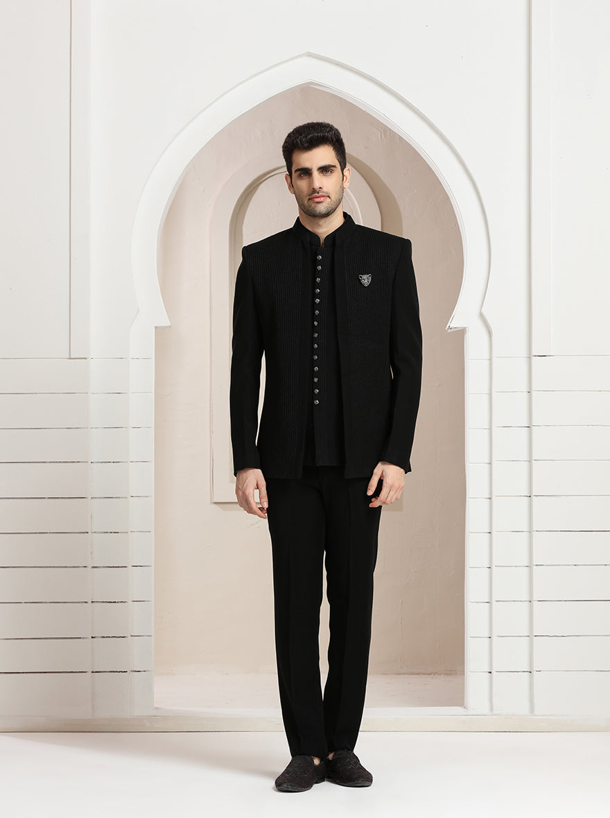 Black Striped Jodhpuri Suit | JadeBlue