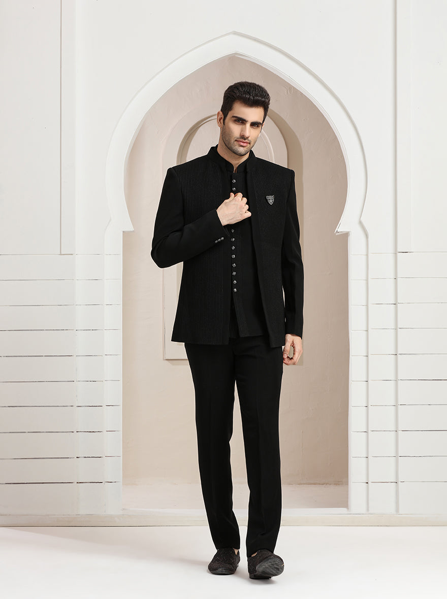 Black Striped Jodhpuri Suit | JadeBlue