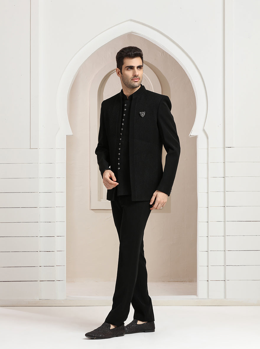 Black Striped Jodhpuri Suit | JadeBlue