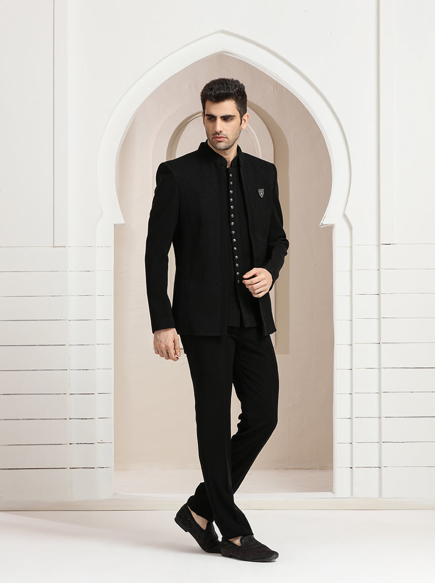 Black Striped Jodhpuri Suit | JadeBlue