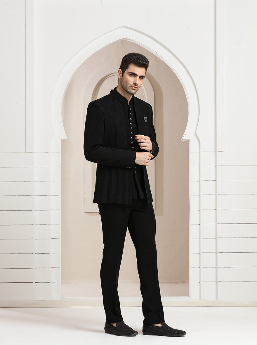 Black Striped Jodhpuri Suit | JadeBlue