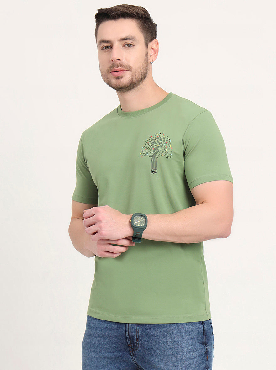 Light Green Printed Slim Fit T-Shirt | JadeBlue
