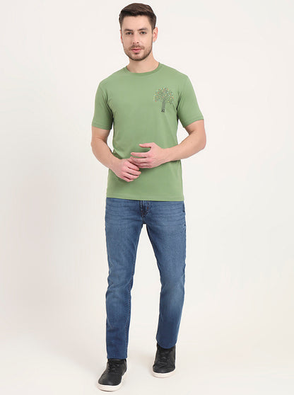 Light Green Printed Slim Fit T-Shirt | JadeBlue