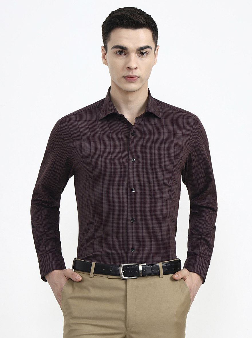 Maroon & Grey Checked Slim Fit Formal Shirt | Metal