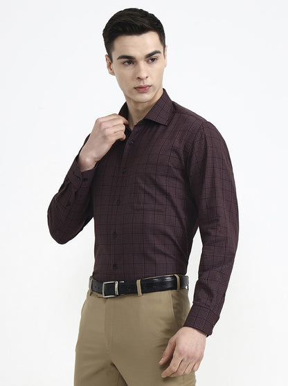 Maroon & Grey Checked Slim Fit Formal Shirt | Metal