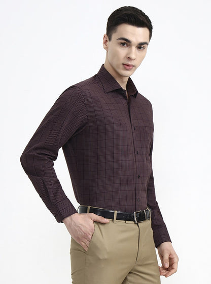 Maroon & Grey Checked Slim Fit Formal Shirt | Metal