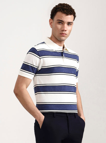 Blue & White Striped Slim Fit Polo T-Shirt | Greenfibre