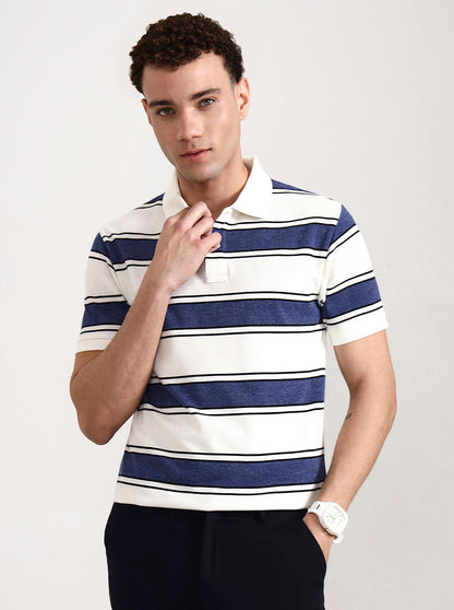 Blue & White Striped Slim Fit Polo T-Shirt | Greenfibre