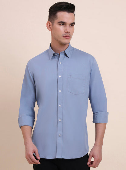 Blue Solid Slim Fit Semi Casual Shirt | Greenfibre