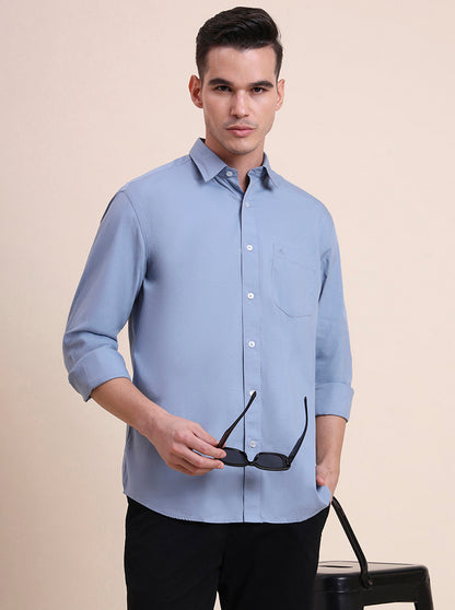 Blue Solid Slim Fit Semi Casual Shirt | Greenfibre