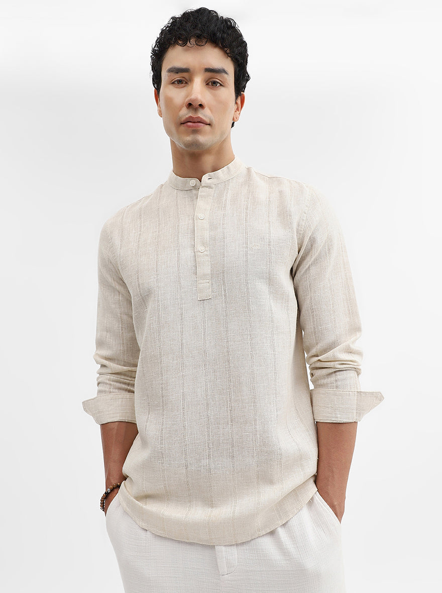 Beige Solid Slim Fit Sort Kurta | JadeBlue