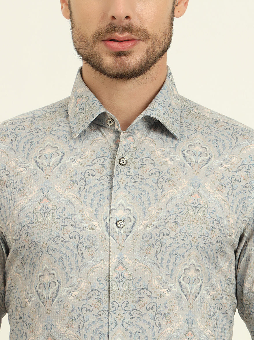 Grey & Blue Printed Slim Fit Party Wear Shirt | Wyre
