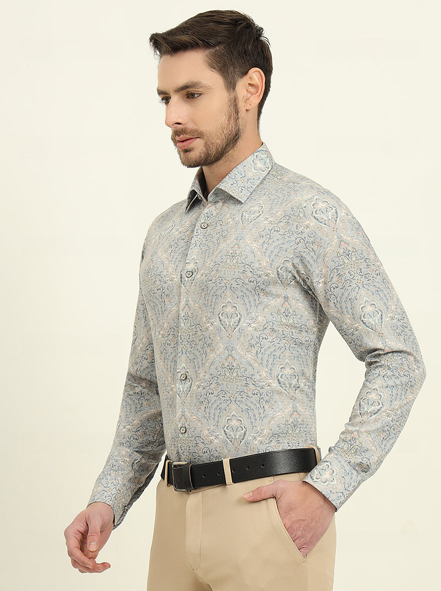 Grey & Blue Printed Slim Fit Party Wear Shirt | Wyre