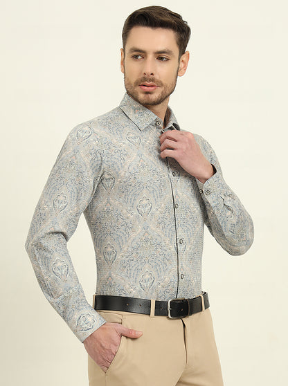 Grey & Blue Printed Slim Fit Party Wear Shirt | Wyre