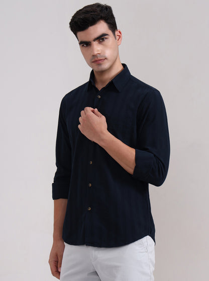Dark Navy Blue Striped Slim Fit Casual Shirt | Greenfibre
