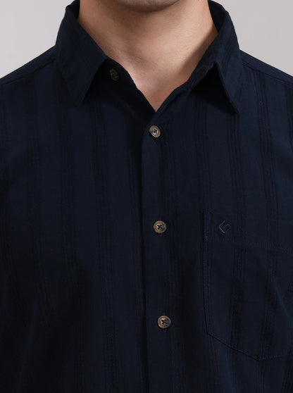 Dark Navy Blue Striped Slim Fit Casual Shirt | Greenfibre