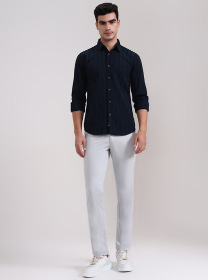 Dark Navy Blue Striped Slim Fit Casual Shirt | Greenfibre