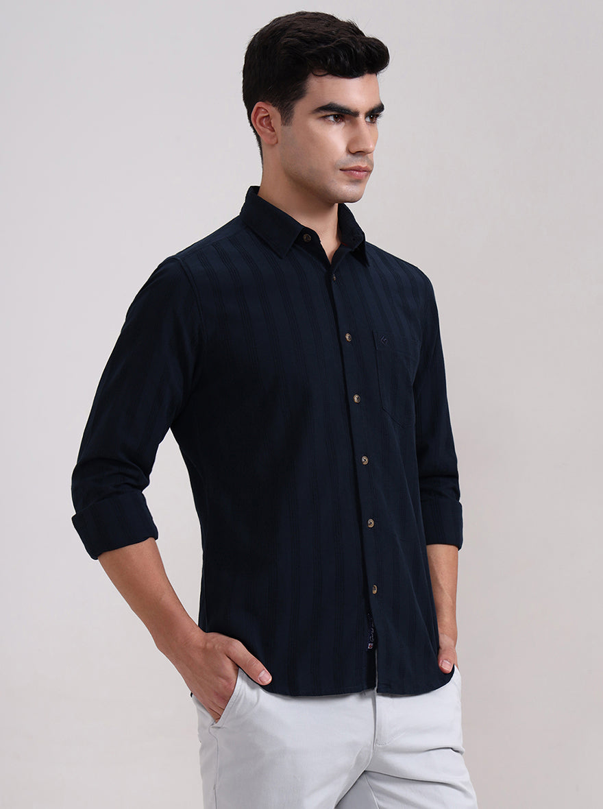 Dark Navy Blue Striped Slim Fit Casual Shirt | Greenfibre