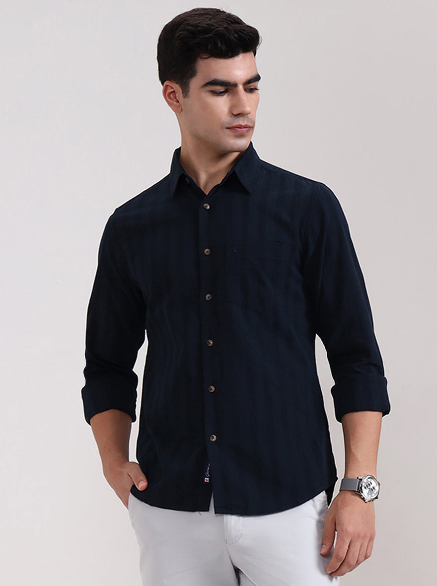 Dark Navy Blue Striped Slim Fit Casual Shirt | Greenfibre