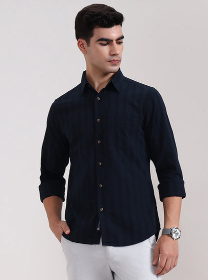 Dark Navy Blue Striped Slim Fit Casual Shirt | Greenfibre
