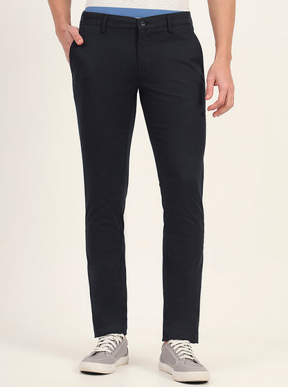 Navy Blue Printed Super Slim Fit Casual Trouser | Greenfibre