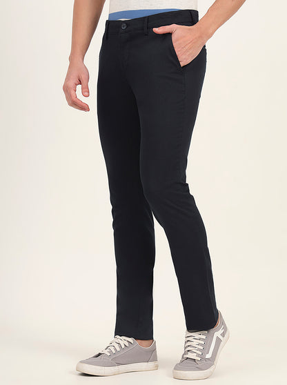 Navy Blue Printed Super Slim Fit Casual Trouser | Greenfibre