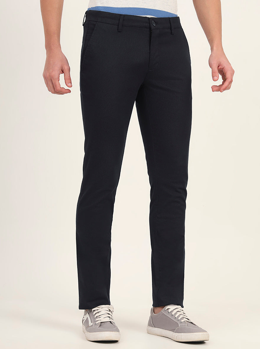 Navy Blue Printed Super Slim Fit Casual Trouser | Greenfibre