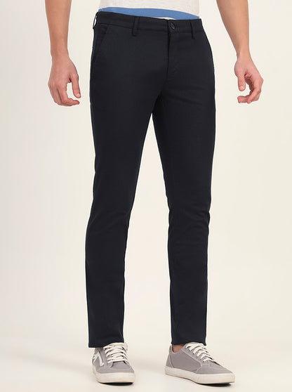 Navy Blue Printed Super Slim Fit Casual Trouser | Greenfibre