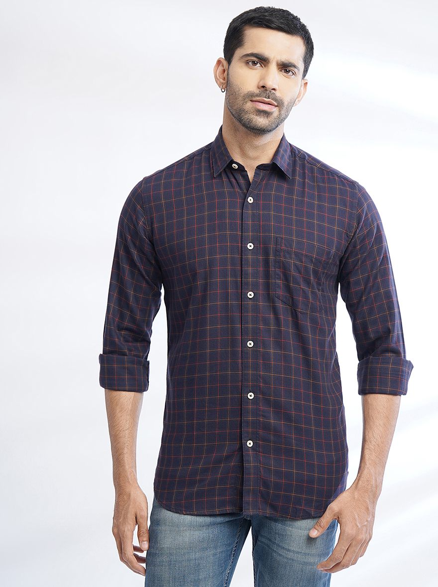 Navy Blue Checked Slim Fit Semi Casual Shirt | JadeBlue