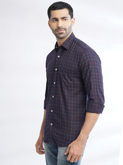 Navy Blue Checked Slim Fit Semi Casual Shirt | JadeBlue