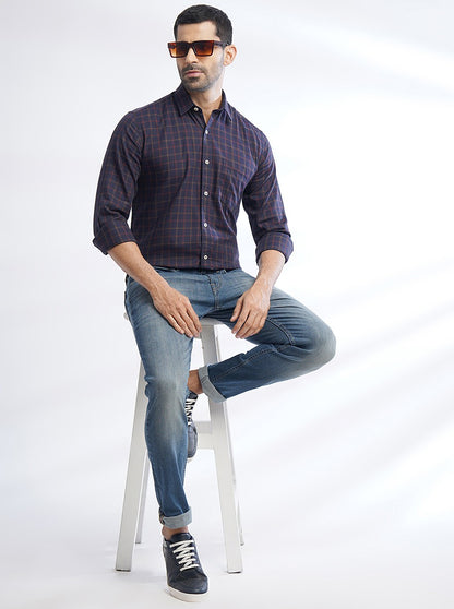 Navy Blue Checked Slim Fit Semi Casual Shirt | JadeBlue