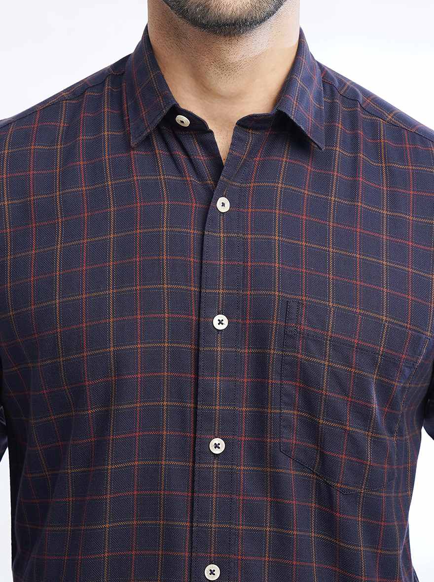 Navy Blue Checked Slim Fit Semi Casual Shirt | JadeBlue