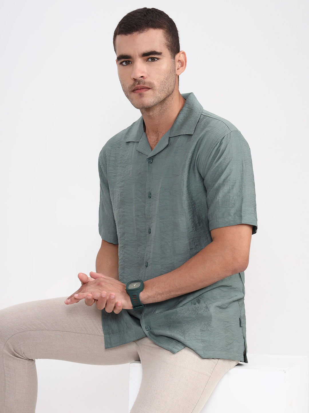 Sea Green Solid Slim Fit Casual Shirt | JadeBlue